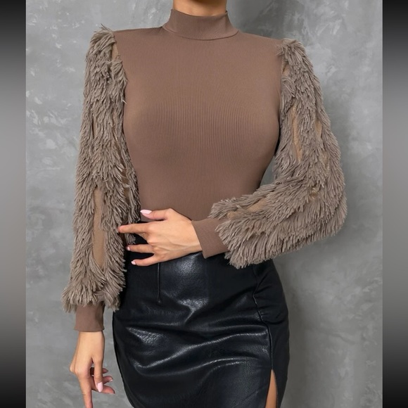 Cozy Faux Fur Fuzzy Long Puff Cuff Sleeve Mock Neck Top Blouse Shirt Black - Picture 6 of 16